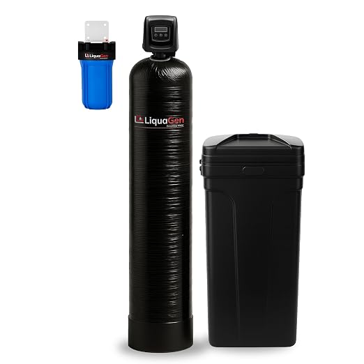 LiquaGen Whole House Salt-Based Water Softener System – Smart Digital Metered Valve with Pre-Loaded 10% Resin, Gravel Bed, Metal Bypass Valve + Sediment Pre-Filter (1-3 Bathrooms)