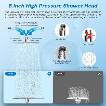 Hibbent cUPC Certified All Metal 8" Rainfall Showerhead Combo, High Pressure Shower Head with 10-Spray Mode Handheld, Innovative 4-way Diverter with Pause Mode, 71'' Shower Hose and Holder, Chrome