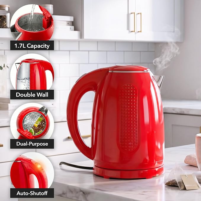 OVENTE 1.7L Double Wall Electric Tea Kettle, 1100W Water Boiler and Heater with Cool-Touch Exterior, Stainless Steel Insulated Interior, Auto Shut-Off, Boil-Dry Protection & Locking Lid, Red KD64R