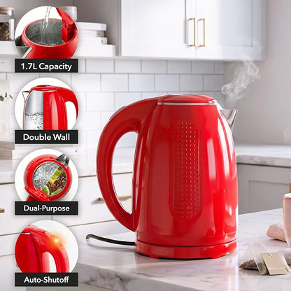OVENTE 1.7L Double Wall Electric Tea Kettle, 1100W Water Boiler and Heater with Cool-Touch Exterior, Stainless Steel Insulated Interior, Auto Shut-Off, Boil-Dry Protection & Locking Lid, Red KD64R