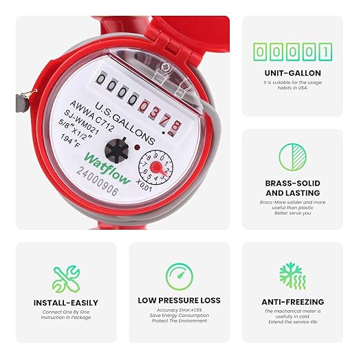 Watflow DN15 Water Meter 1/2" NPT, AWWA C712 Certification Gallon Water Flow Meter with Pulse Output, Cold and Hot Water Meter for Garden/Home/Apartment, Horizontal Install.