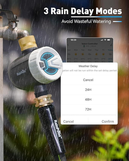 RAINPOINT WiFi Water Timer, Sprinkler Timer for Garden Hose, Smart Automatic Irrigation System with Brass Inlet for Yard, Lawn, APP Remote Control via 2.4Ghz WiFi and Bluetooth