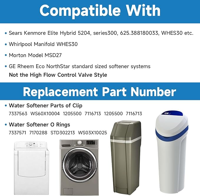 Water Softener Clip Kit Compatible with GE Kenmore Whirlpool Morton WHES30 M34 MSD27 Replace#: 7337563 7337571 7170288 7116713，15/16” O-Ring Kit and Fit 3/4” Valves