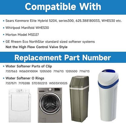 Water Softener Clip Kit Compatible with GE Kenmore Whirlpool Morton WHES30 M34 MSD27 Replace#: 7337563 7337571 7170288 7116713，15/16” O-Ring Kit and Fit 3/4” Valves