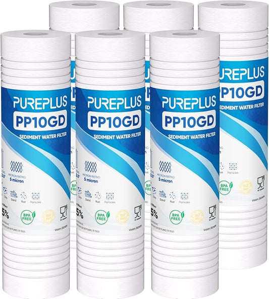 PUREPLUS 5 Micron 10" x 2.5" Whole House Grooved Sediment Home Water Filter, Replacement Cartridge for 10 inch RO Pre-Filter & RV Housing, AO-WH-PREV-R2, AP110, WHKF-G05,AB-SGR5M, GXWH20S,CFS10, 6Pack