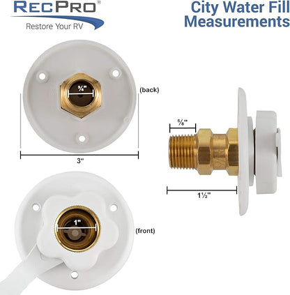 RecPro RV Camper Motorhome Trailer Marine White City Water Fill Inlet Flange Brass with Check Valve (with Hose Elbow)