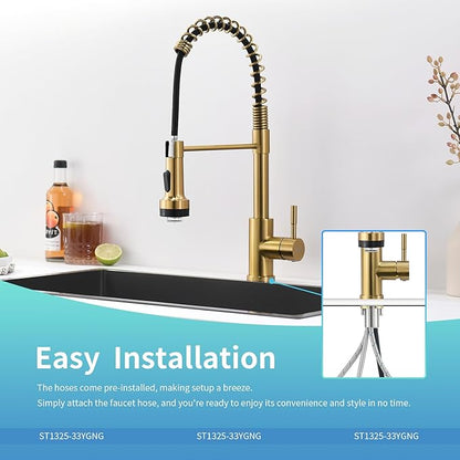 GIMILI Gold Kitchen Faucet with Pull Down Sprayer Single Hole Stainless Steel LED Faucet, Suitable for Farmhouses, RV, Laundry Room, Outdoor, and Campers. Llave para fregadero de cocina