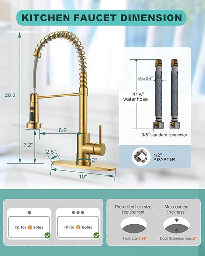 Kitchen Faucets with Pull Down Sprayer: Brushed Gold 3-Function Kitchen Sink Faucet for 1 or 3 Hole - Stainless Steel Single Handle Spring Kitchen Faucets with Deck Plate for Farmhouse RV Laundry