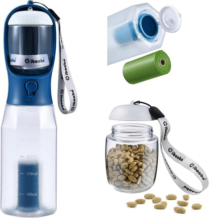 Cibaabo Dog Water Bottle with Food Container & Poop Bag Holder & Filter | Travel Water Bowl, Portable Pet Dispenser, Dog Gifts, Puppy Essentials for Walking Hiking