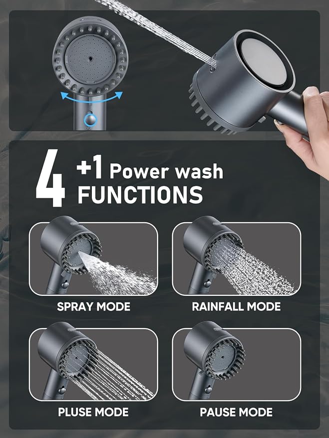 Cobbe Filtered Shower Head with Handheld, High Pressure 5 Spray Mode Showerhead with Filters, Built-in Power Wash for Hard Water, Gray