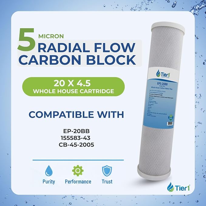 Tier1 5 Micron 20 x 4.5 Water Filter | Radial Flow Granular Activated Carbon Whole House Cartridge | Replacement for Pentek EP-20BB, 155583-43, CB-45-2005 | 4.5 x 20 Water Filter (3-Pack)