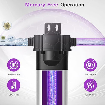 iSpring UVF20 Whole House LED UV Water Filter System, Up to 11 Years Long-Life LED UV Water Purifier with Built-in Automatic Flow Control, Mercury-Free, 3/4" MNTP Inlet Outlet, Up to 12 GPM