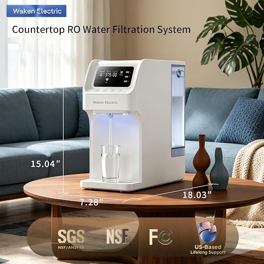 Waken Electric UV Countertop RO Water Filter, NSF/ANSI 58&61 Certified, 8 Stage Filter, TDS Monitor, 4:1 Drain, No Install, PFAS Free (Glacier White)