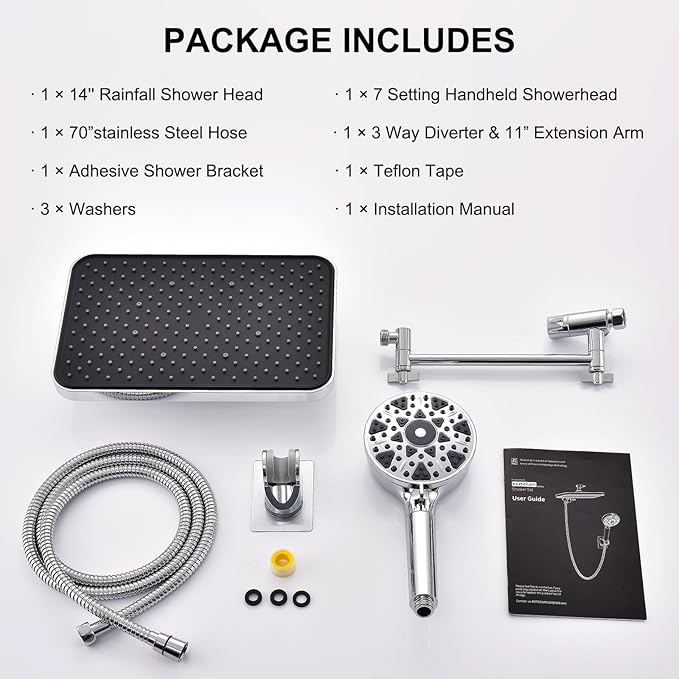 Dual shower Head with Handheld and Filter-14'' Rainfall ShowerHead,High Pressure Handheld Shower Head with Filters for Hard Water,7Spray with Power Wash,3-Way Setting for Couple Bathroom