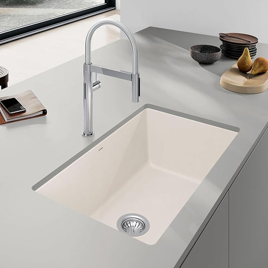 BLANCO 443083 Precis Silgranit 30” Single Bowl Undermount Kitchen Sink, Soft White