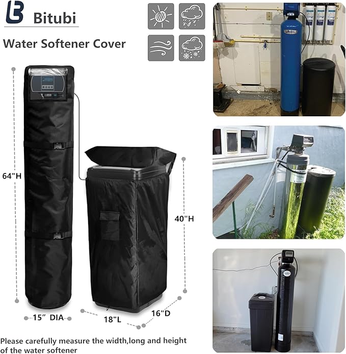 Bitubi 2Pcs Water Softener Cover, Outdoor Softener Tank/Filter Cover + Brine Tank Cover,Upgraded Top with Adjustable Transparent PVC Window, All Weather Protection, Black