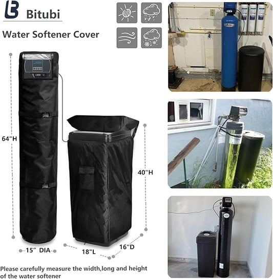 Bitubi 2Pcs Water Softener Cover, Outdoor Softener Tank/Filter Cover + Brine Tank Cover,Upgraded Top with Adjustable Transparent PVC Window, All Weather Protection, Black