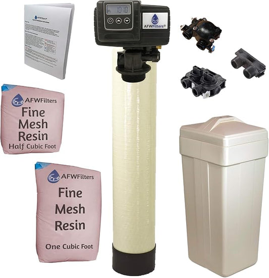 AFWFilters 1.5 Cubic Foot (48k) Whole Home Iron Pro Water Softener with Fine Mesh Resin, 1" Plastic MNPT Connection, and Almond Tanks