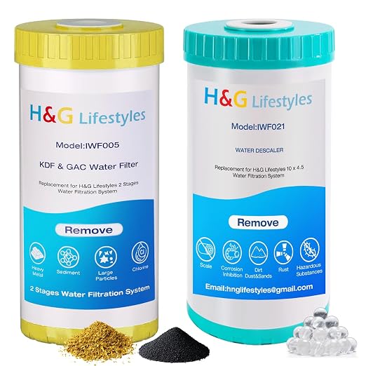 H&G Lifestyles Whole House Water Descaler,GAC KDF Polyphosphate Cartridge,Anti Scale Filter,Saltless Water Softener,Reduce Heavy Metal Lead Chlorine, Replacement for Any 10" x 4.5" Water Filter System