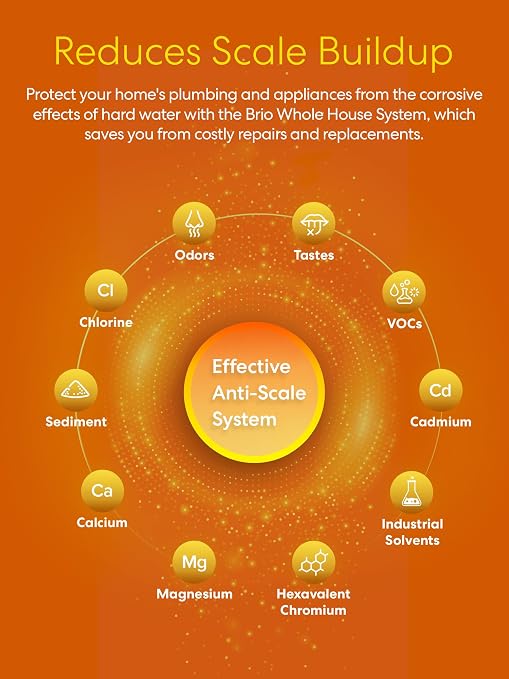 Brio 3-Stage Whole House Filtration System, Anti-Scale, 900 GPH, 4.5" x 20" Sediment, PHO, and CTO Carbon Block Filters Included w/Lifespan of 12 Months