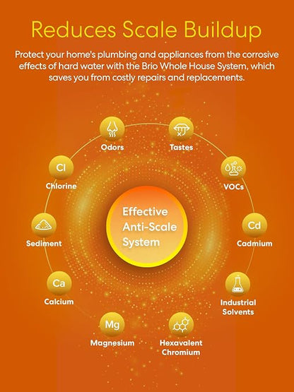 Brio 3-Stage Whole House Filtration System, Anti-Scale, 900 GPH, 4.5" x 20" Sediment, PHO, and CTO Carbon Block Filters Included w/Lifespan of 12 Months