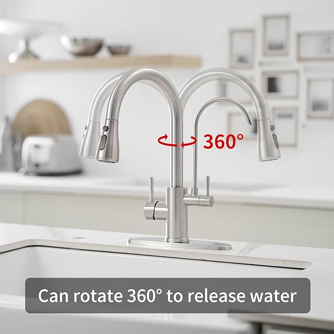 Kitchen Faucets with Water Filter and Pull Down Sprayer,Kitchen Sink Faucet,Two Handle Sink Faucet with Pull Down Sprayer for 3 Function,Without Water Filtration Device,Brushed