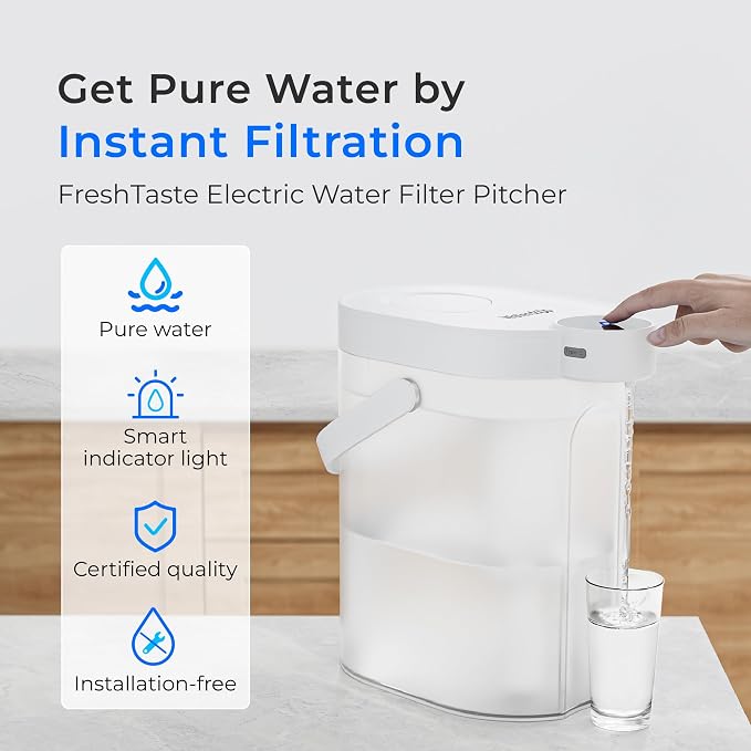 Waterdrop ED06W Electric Insant Water Filter Pitcher, 17-Cup, White | FreshTaste Rechargeable Pitcher, Countertop Purifier, Reduce Chlorine, Lead, Copper, Purify, Soften Water, Does not Lower TDS