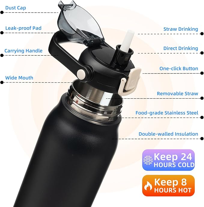 BJPKPK Insulated Water Bottles with Straw, 35 oz Stainless Steel Metal Water Bottle with One-handed Opening Lid, BPA Free Sport Jugs, Flasks for Men & Women, Black