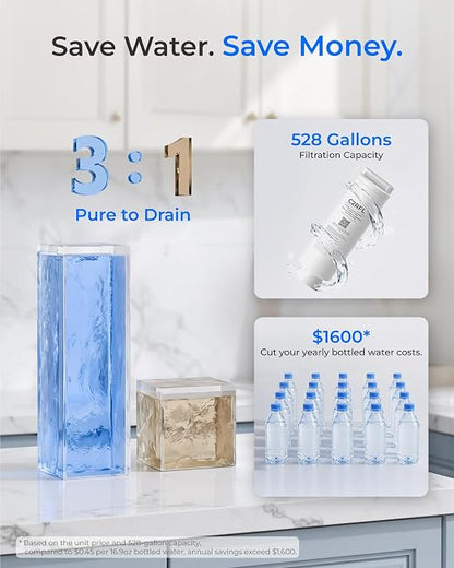 Waterdrop C2SL Reverse Osmosis Water Filter Countertop, Mineral RO System | 7-Stage RO Water Filtration System with Autofill Glass Pitcher, NSF/ANSI 372 Certified, 3:1 Pure to Drain, Compact Design