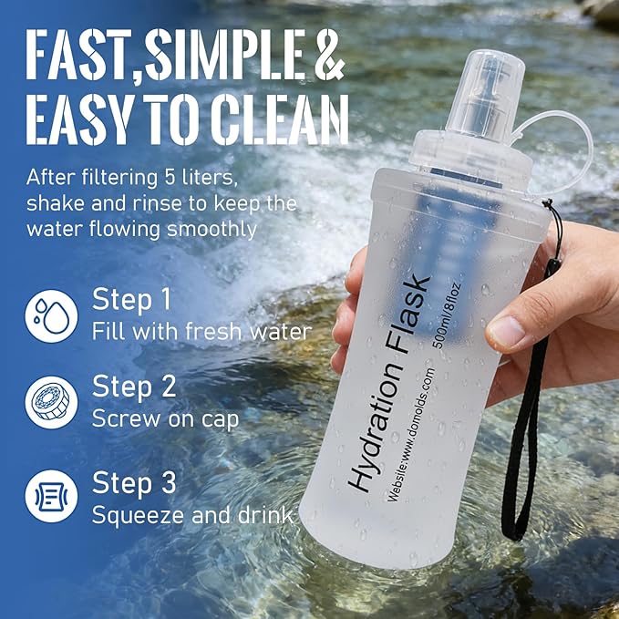 700ML Collapsible Water Bottle with Filter for Hiking, Camping & Travel - TPU Soft Flask, 0.1 Micrometer Hollow Fiber Membrane for Clearer, Better Tasting Outdoor Water(White)