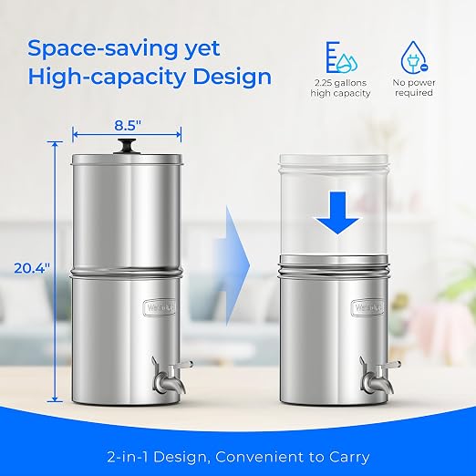 Waterdrop TK-AB Gravity Water Filter System with Silver Ions Filtration | NSF/ANSI 42&372 Standard, Reduces Chlorine, Stainless-Steel System with 2 Black Carbon Filters, 2.25G