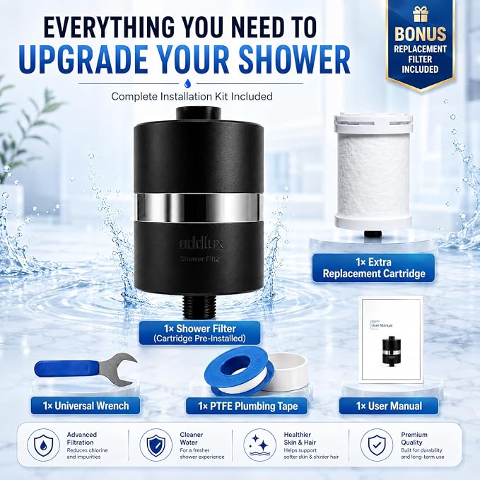 Lab Tested Titanium Shower Water Filter for Hard Water - No Plastic Core High Pressure Filtered Shower Head – Metal Home Water Filter for Healthier Skin & Hair (Black + Extra Cartridge Set)