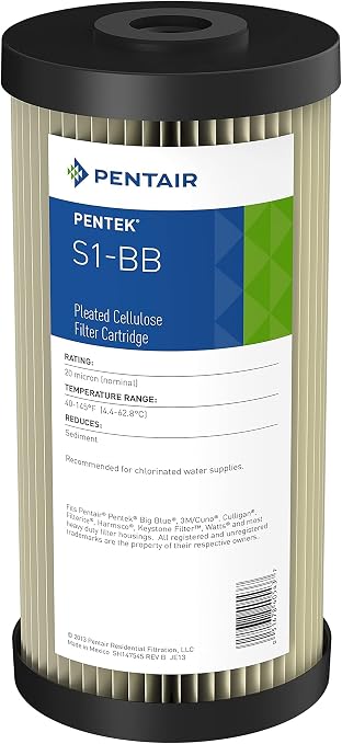 Pentair Pentek S1-BB Big Blue Sediment Water Filter, 10-Inch, Whole House Heavy Duty Pleated Cellulose Filter Cartridge, 10” x 4.5”, 20 Micron 1 Count (Pack of 8)
