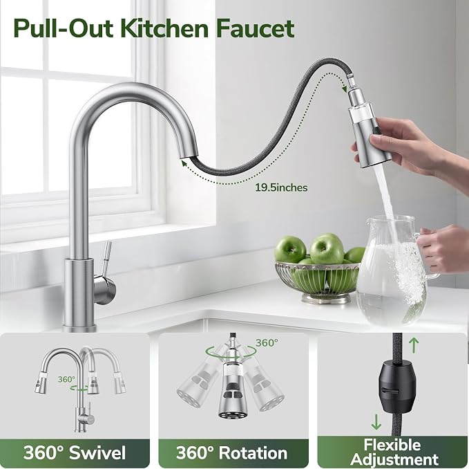Kitchen Faucet With Pull Down Sprayer, Hurran Brushed Nickel Water Filter Faucets, High Arc Single Handle Kitchen Sink Faucet 1 or 3 Hole, Utility Sink Faucets With Deck Plate For Farmhouse Rv Wet Bar