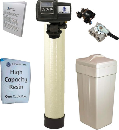 AFWFilters 1 Cubic Foot (32k) Whole Home Water Softener with High Capacity Resin, 3/4" Stainless Steel FNPT Connection, and Almond Tanks