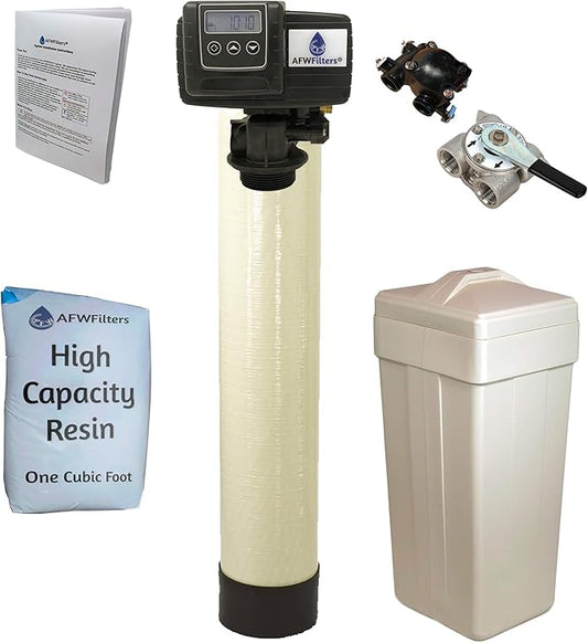 AFWFilters 1 Cubic Foot (32k) Whole Home Water Softener with High Capacity Resin, 3/4" Stainless Steel FNPT Connection, and Almond Tanks