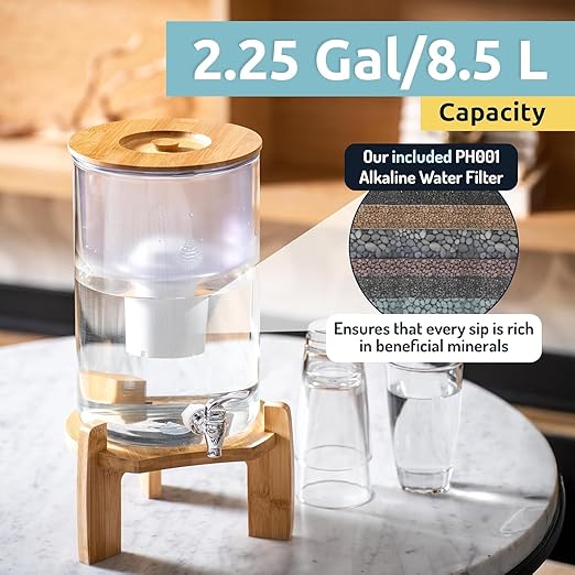 Invigorated Water pH Recharge Glass Alkaline Water Dispenser Filter System - Countertop Purifier Pitcher for Home and Office - High pH Pure Drinking Water Filtration - 36 Cups (Bamboo Classic Set)