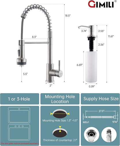 GIMILI LED Kitchen Faucet with Soap Dispenser, Modern Single Handle Spring Kitchen Sink Faucets with Pull Down Sprayer