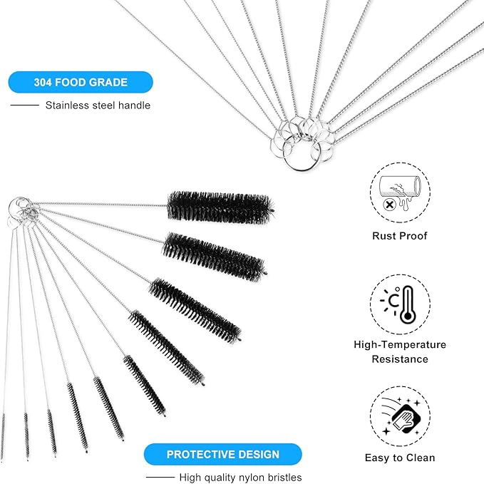 12pcs Glass Tube Pipe Cleaners Brush Kit, 14.5 inch Long Nylon Straw Brush for Glass Funnel and Bottle, 8.2 inch Different Diameters Brush, 35 inch Flexible Double Ended Hose Brush