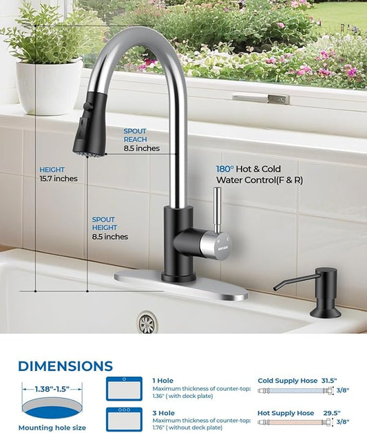 WEWE Kitchen Faucet with Soap Dispenser and Pull Down Sprayer, RV Single Handle Classic 3 Modes Stainless Steel Faucet for Kitchen Sink, RV, Black and Polished Chrome