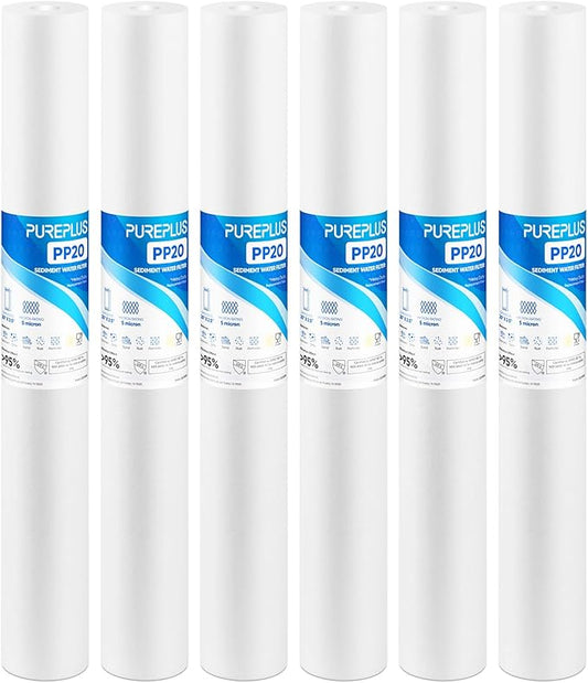 PUREPLUS 5 Micron 20" x 2.5" Whole House Sediment Home Water Filter, 20-inch Sediment Pre-Filtration, Replacement Cartridge Aqua Pure AP110-2C, Pentek P1-20/SP-P1-20/PX01-20, 6Pack