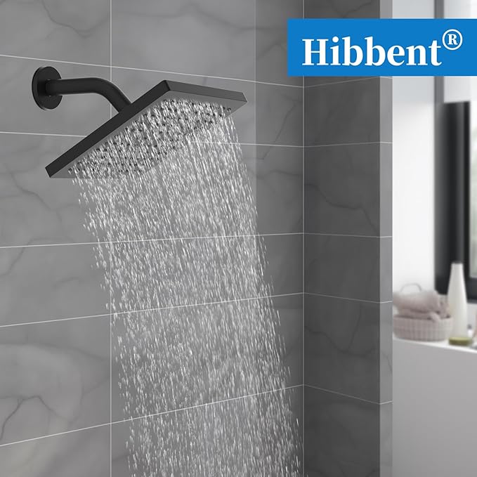 Hibbent cUCPC Certified Rain Shower Head, 8'' High Pressure Rainfall Shower Head, Square Bathroom Waterfall Shower Heads, High Flow Fixed Showerheads with Adjustable Brass Ball Joint, Matte Black