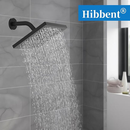 Hibbent cUCPC Certified Rain Shower Head, 8'' High Pressure Rainfall Shower Head, Square Bathroom Waterfall Shower Heads, High Flow Fixed Showerheads with Adjustable Brass Ball Joint, Matte Black