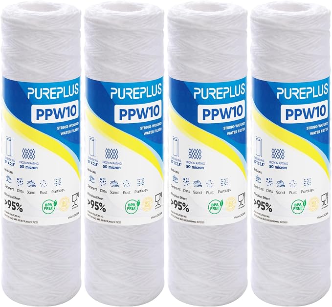 PUREPLUS 50 Micron 10"x2.5" Whole House String Wound Sediment Filter for Well Water, Replacement Cartridge for Universal 10 inch RO System, WP-5, AP110, CFS110, Culligan P5, WFPFC4002, 4Pack