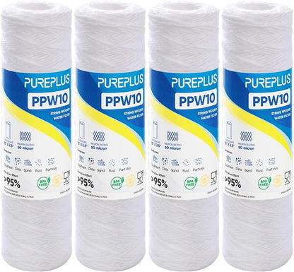 PUREPLUS 50 Micron 10"x2.5" Whole House String Wound Sediment Filter for Well Water, Replacement Cartridge for Universal 10 inch RO System, WP-5, AP110, CFS110, Culligan P5, WFPFC4002, 4Pack