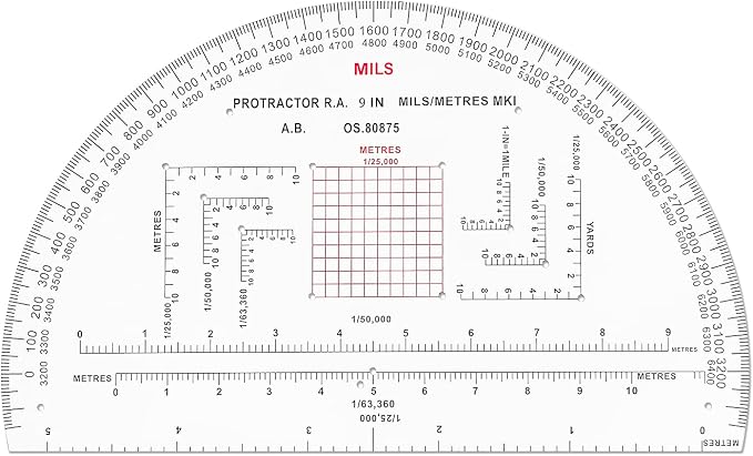 CYA MP-3 9" Half Circle Military Map Protractor - Mils Romer Scale Tool | Thick waterproof 9" half circle map protractor with mils & romer scales. Fits 1:25k, 1:50k & 1:100k UTM/MGRS charts.