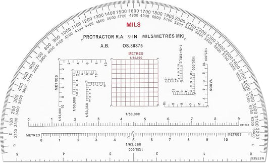 CYA MP-3 9" Half Circle Military Map Protractor - Mils Romer Scale Tool | Thick waterproof 9" half circle map protractor with mils & romer scales. Fits 1:25k, 1:50k & 1:100k UTM/MGRS charts.