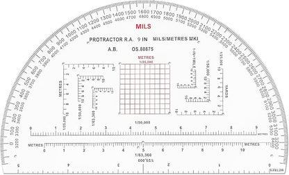 CYA MP-3 9" Half Circle Military Map Protractor - Mils Romer Scale Tool | Thick waterproof 9" half circle map protractor with mils & romer scales. Fits 1:25k, 1:50k & 1:100k UTM/MGRS charts.