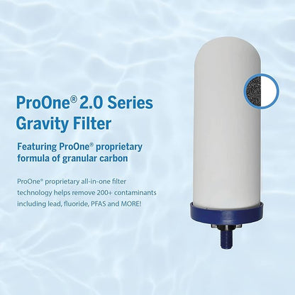 ProOne Big+ Gravity Water Filter System - High Capacity Countertop Stainless Steel Water Filter Dispenser - IAPMO Certified to Reduce Lead, Total PFAS, Microplastics, Chlorine Taste & Odor