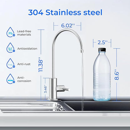 Waterdrop G2FCT-BN Drinking Water Faucet, Reverse Osmosis Faucet, Water Filter Faucet for Kitchen Bar Sink, Single Handle, Easy to Install, Lead-Free, Stainless Steel, Brushed